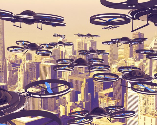 drones over city