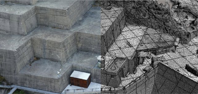 A 3D mesh of the dam produced by ContextCapture (the left side is coloured and textured, the right side is raw)