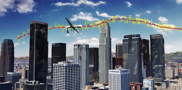 Simulation results for an unmanned drone flying over downtown Los Angeles showing the true trajectory (red line), with GPS navigation only (yellow line), and GPS aided with cellular signals (blue line). ASPIN LABORATORY AT UC RIVERSIDE